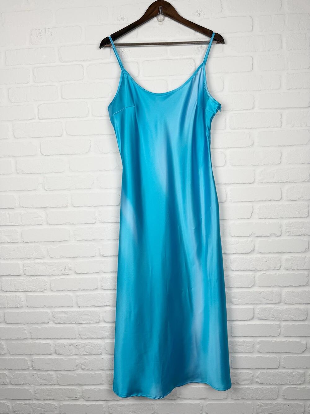 Finesse Aqua Blue Satin Slip Midi Dress with Side Zip Size 1X Y2K Minimalist
